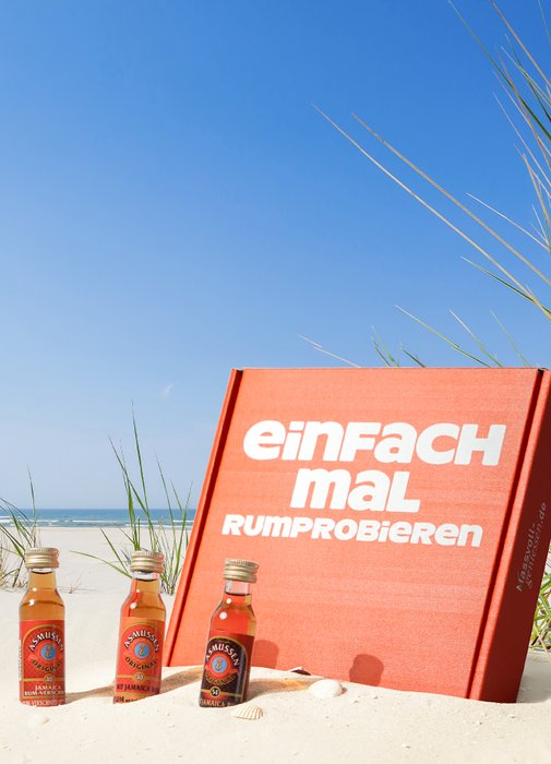 Ein leuchtend rotes Buch steht im Sand, umgeben von grünen Gräsern und drei Flaschen auf einem sonnigen Strand.