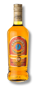 Der Asmussen Rum präsentiert sich in einer eleganten Flasche, die mit einem roten und goldenen Etikett verziert ist.