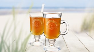 Zwei stilvolle Gläser mit einem aromatischen Getränk, platziert auf einem hellen Tisch, vor einer ruhigen Strandlandschaft.